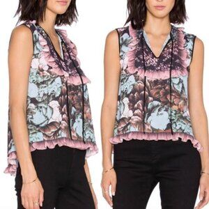 CLOVER CANYON ANTHROPOLOGIE Floral Sunset Ruffled Top Blue Pink Sleeveless Boho